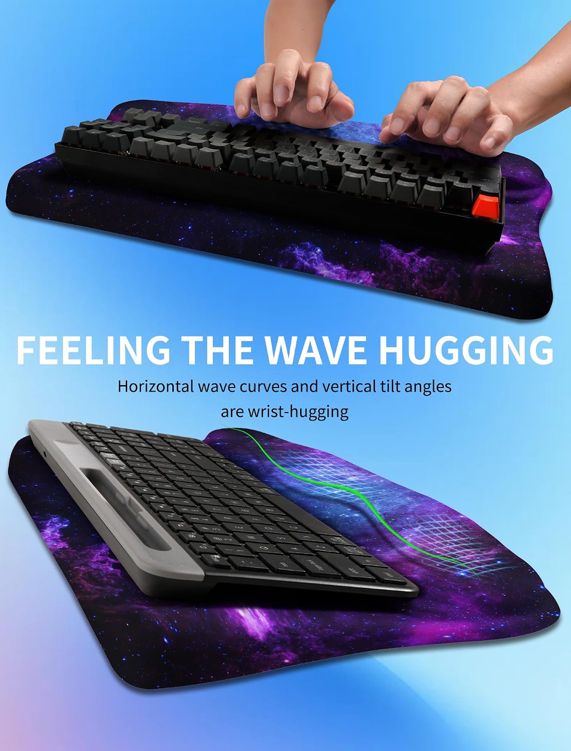 Reposamuñecas ergonómico con soporte para teclado, reposamanos acolchado, cómoda espuma viscoelástica integrada para escribir de forma natural y aliviar el dolor de muñeca, galaxia profunda