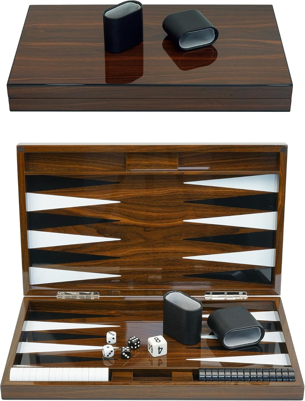 Juego de mesa de backgammon lacado de madera de lujo de 18 pulgadas con tazas de dados de cuero premium y fichas de juego acrílicas