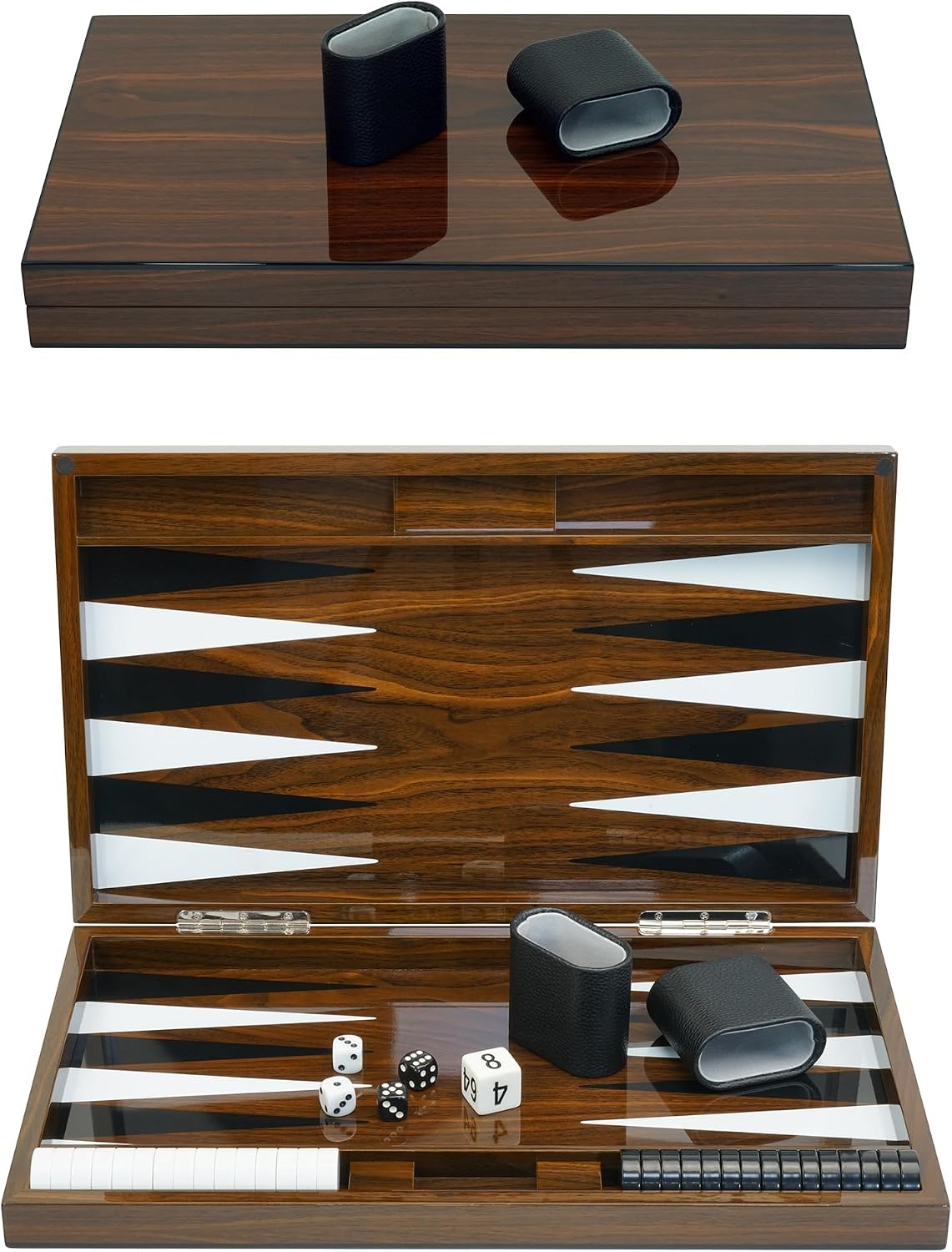 Juego de mesa de backgammon lacado de madera de lujo de 18 pulgadas con tazas de dados de cuero premium y fichas de juego acrílicas