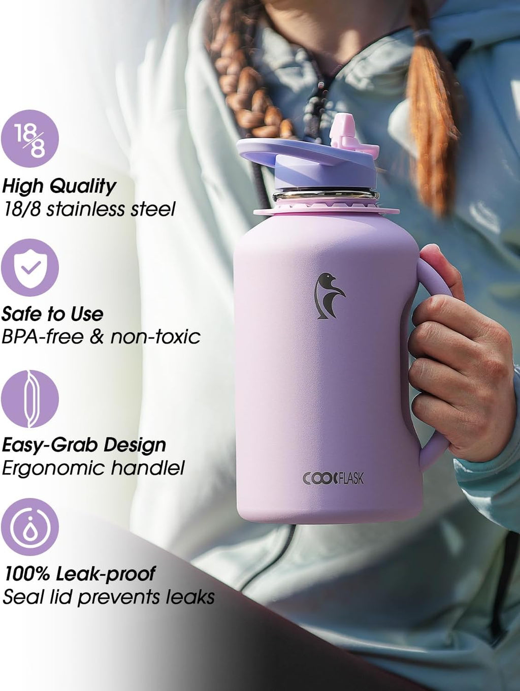 Coolflask Jarra de agua de 64 onzas con asa, botella de agua aislada de