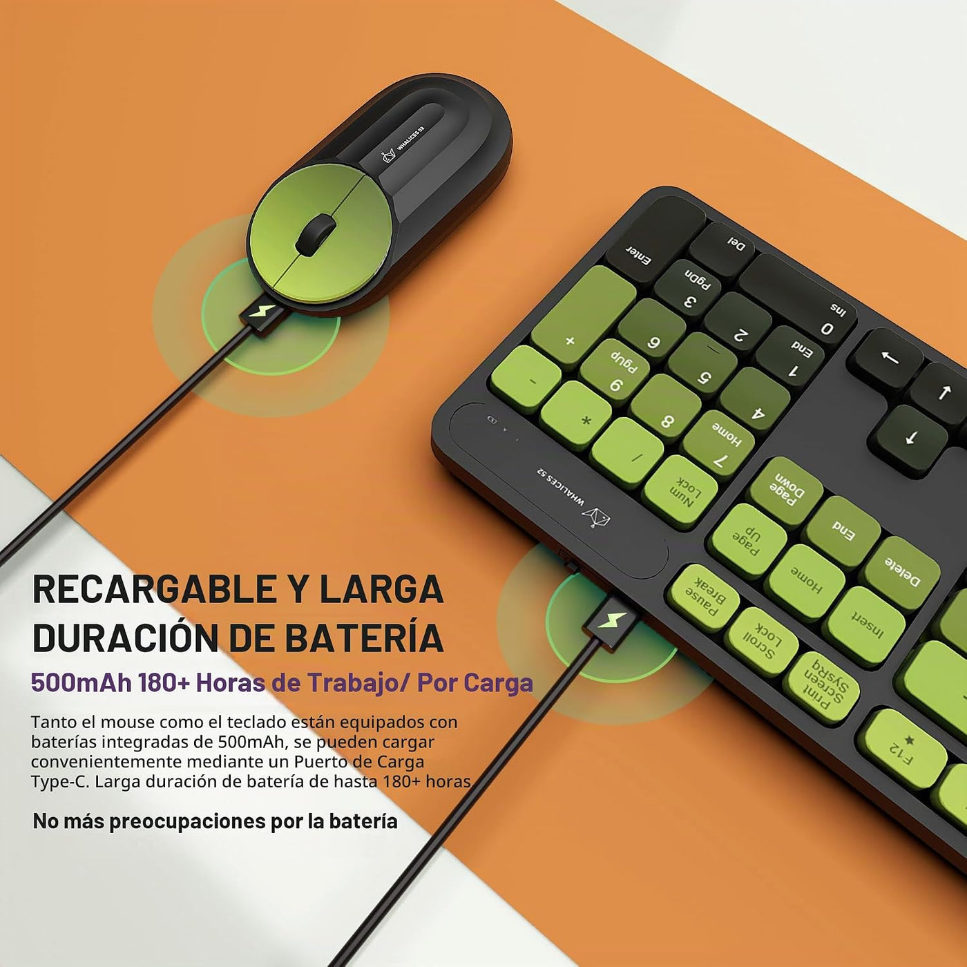 Whalices 52 Combo de teclado y mouse inalámbricos, 2.4 G, recargabl...