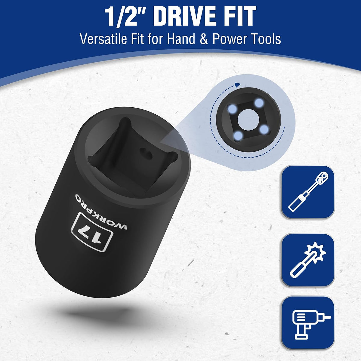 WORKPRO Juego de llaves de impacto poco profundo de 1/2 pulgada, juego de llaves de 6 puntas de acero Cr-V métrico con estuche de almacenamiento para mantenimiento y reparaciones automotrices (14