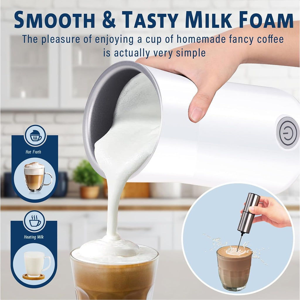 Espumador de leche simple y vaporizador de leche 2 en 1 con espuma de leche caliente y leche caliente para latte, macchiato, capuchino, blanco (mediano)