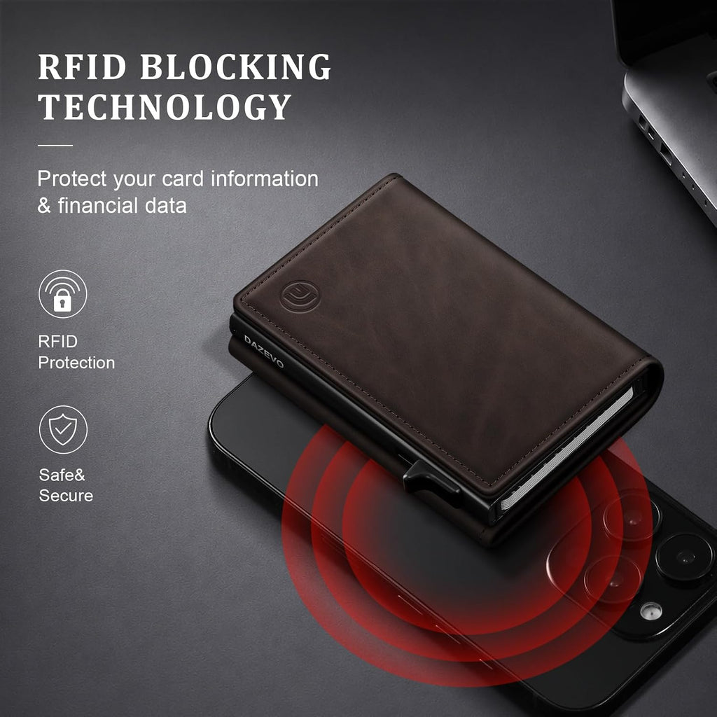 Cartera minimalista para hombres, cartera de cuero de grano completo con bloqueo RFID con 2 ventanas de identificación, billetera plegable triple para tarjetas de crédito, cartera de 9 a 11