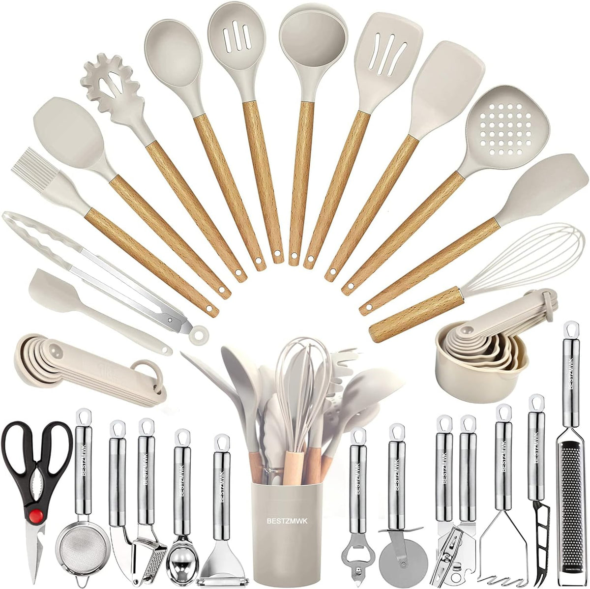 Juego de utensilios de cocina - 35 piezas de utensilios de cocina con rallador, pinzas, espátula de cuchara y girador hechos de silicona resistente al calor de grado alimenticio y asas de madera,