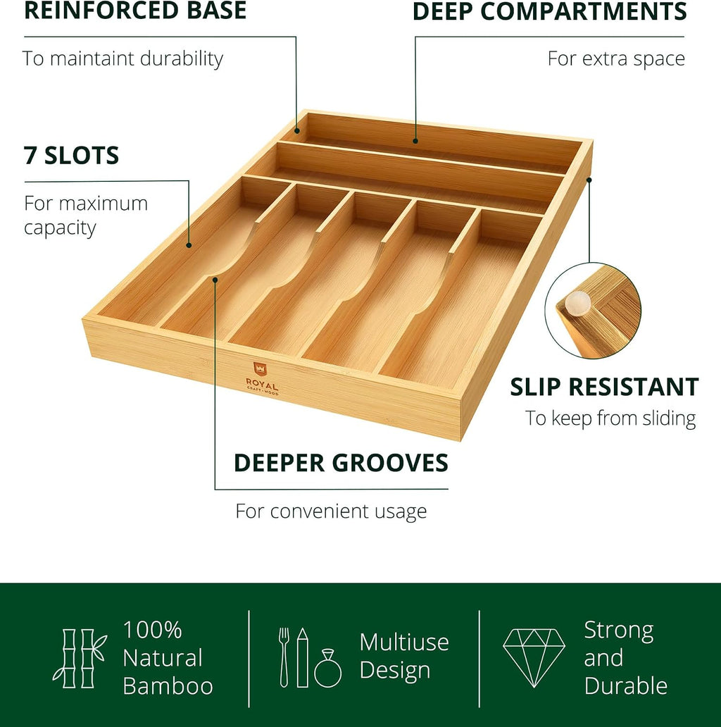 ROYAL CRAFT WOOD Estante de Utensilios de Bambú de Lujo y Organizador de Cubiertos, Organizador de Cajón de Cocina - Soporte de Utensilios y Bandeja de Cubiertos con Divisores de Cajón Ranurados para