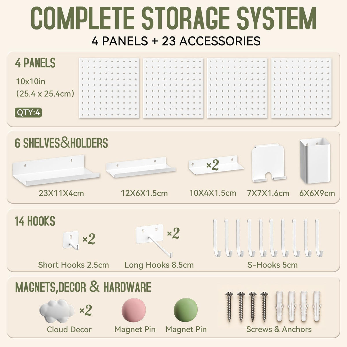 Kit de Organizador de Pared con Paneles de Metal Magnéticos 4‑Piezas 10 x 10 in, Blanco
