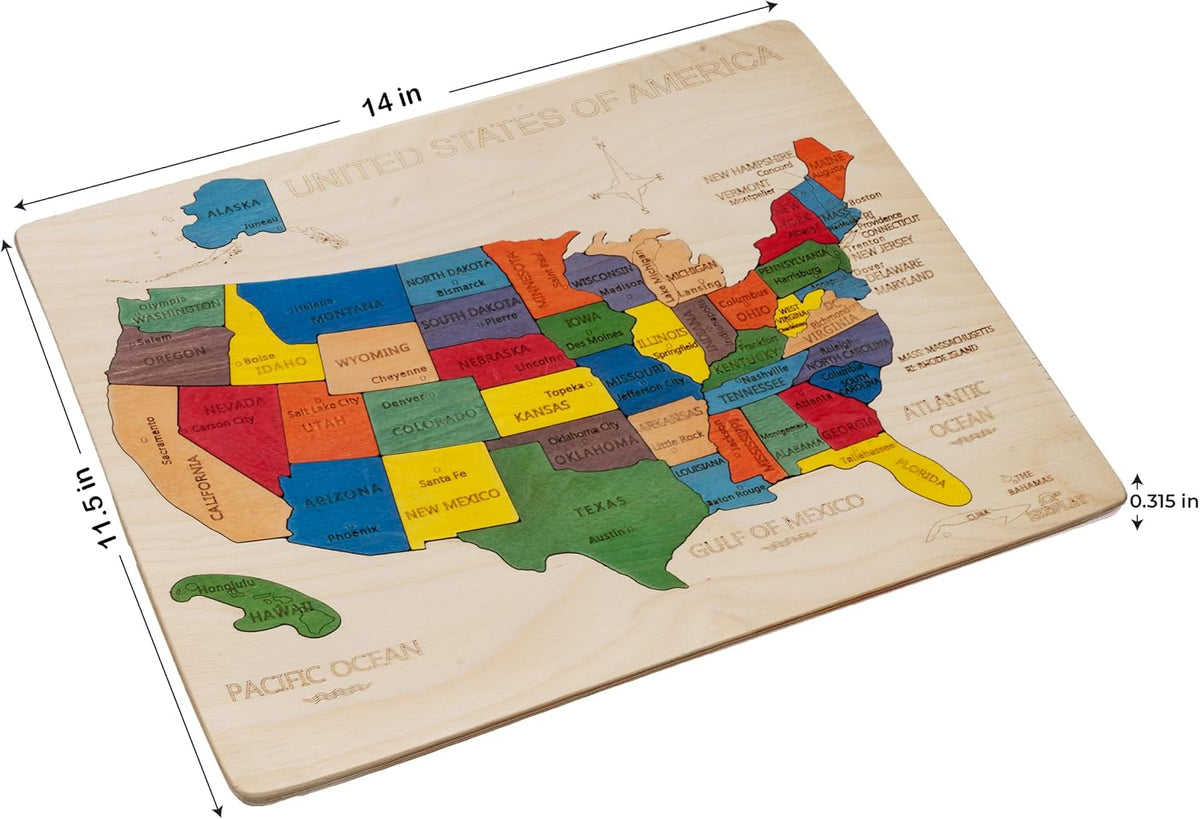 Mapa de Estados Unidos - Rompecabezas de madera de 14 pulgadas | 14.0 x 11.5 pulgadas | 44 piezas de rompecabezas – Small States are Clubbed | Juguete educativo y de aprendizaje regalo para niños y niñas a partir de