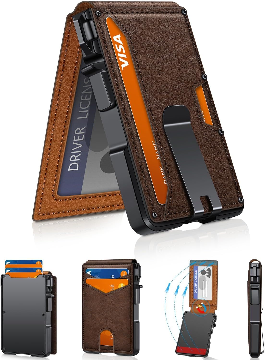 Cartera minimalista para hombre 9-13 tarjetas RFID bloqueo cartera delgada, Mezcla marrón