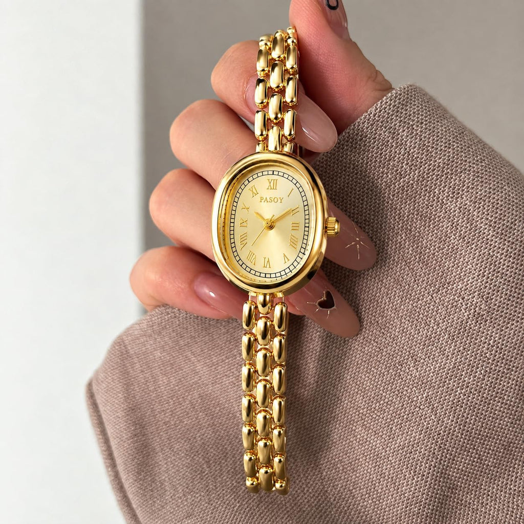 Reloj de pulsera para mujer con pantalla pequeña, cuarzo analógico ovalado de cara pequeña (Dorado)