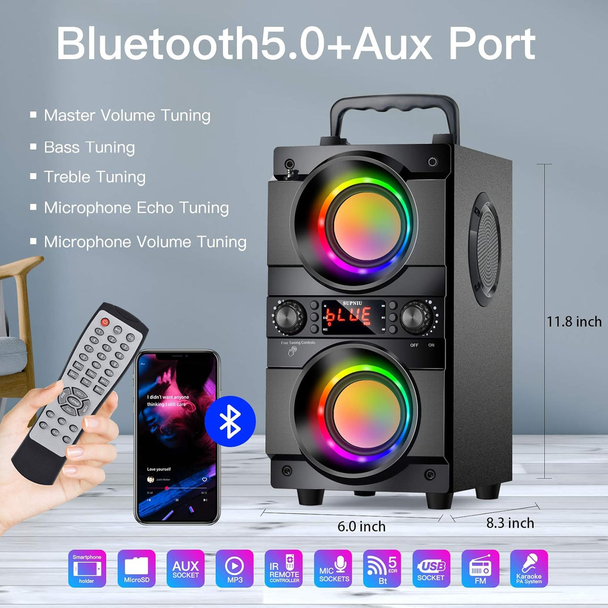 Altavoz Bluetooth portátil de 60 W (pico de 80 W) con doble subwoof...