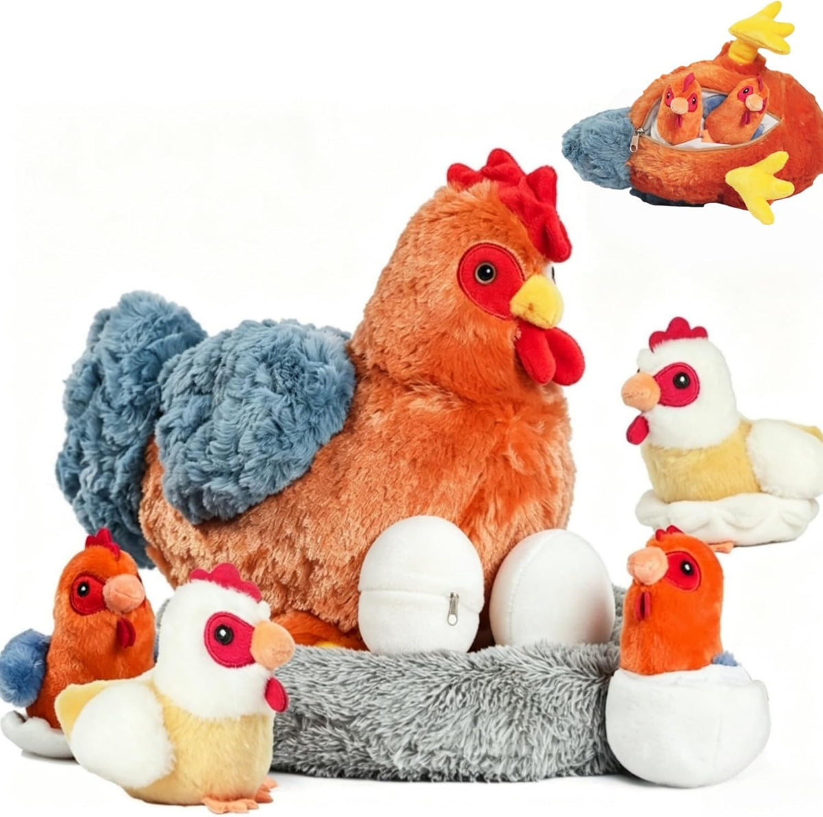 Juego de animales de peluche de pollo 9 en 1, lindo juguete de peluche de gallina ponedora de huevos con cremallera y pollitos de juguete, pollos, huevos y gallinero, juguetes para niños y niñas, regalos de peluche de cumpleaños y Navidad