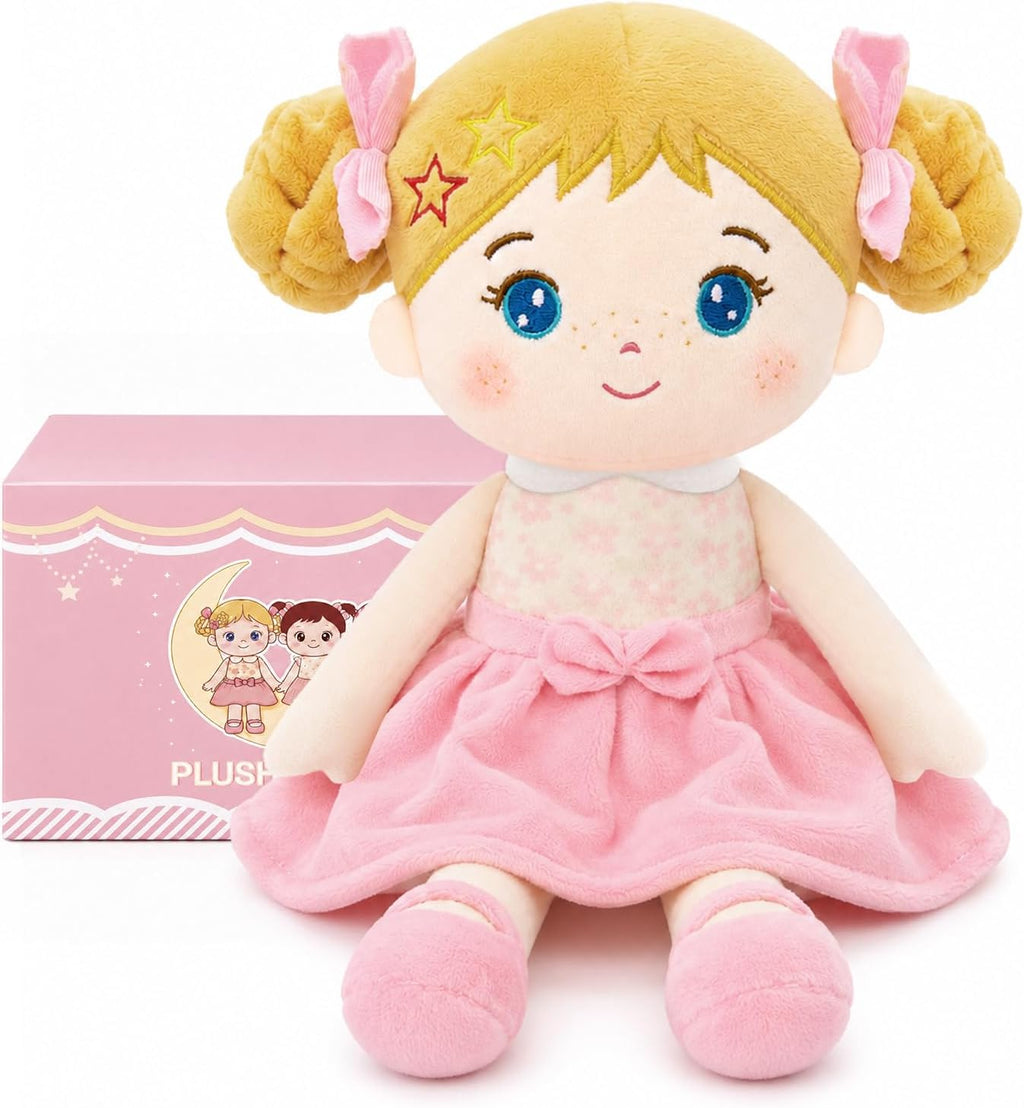 SQEQE Muñeca de bebé suave, muñecas de trapo de felpa de 11 pulgadas para regalo de cumpleaños de niña de 1 año, juguetes para bebés pequeños, cabello rubio dorado