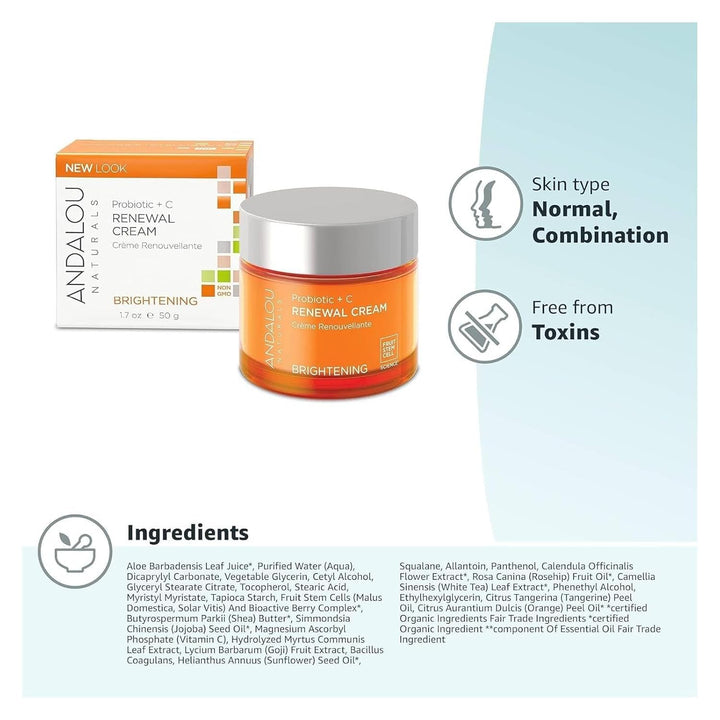 Andalou Naturals Probiotic + Vitamin C Renewal Cream Crema hidratan...