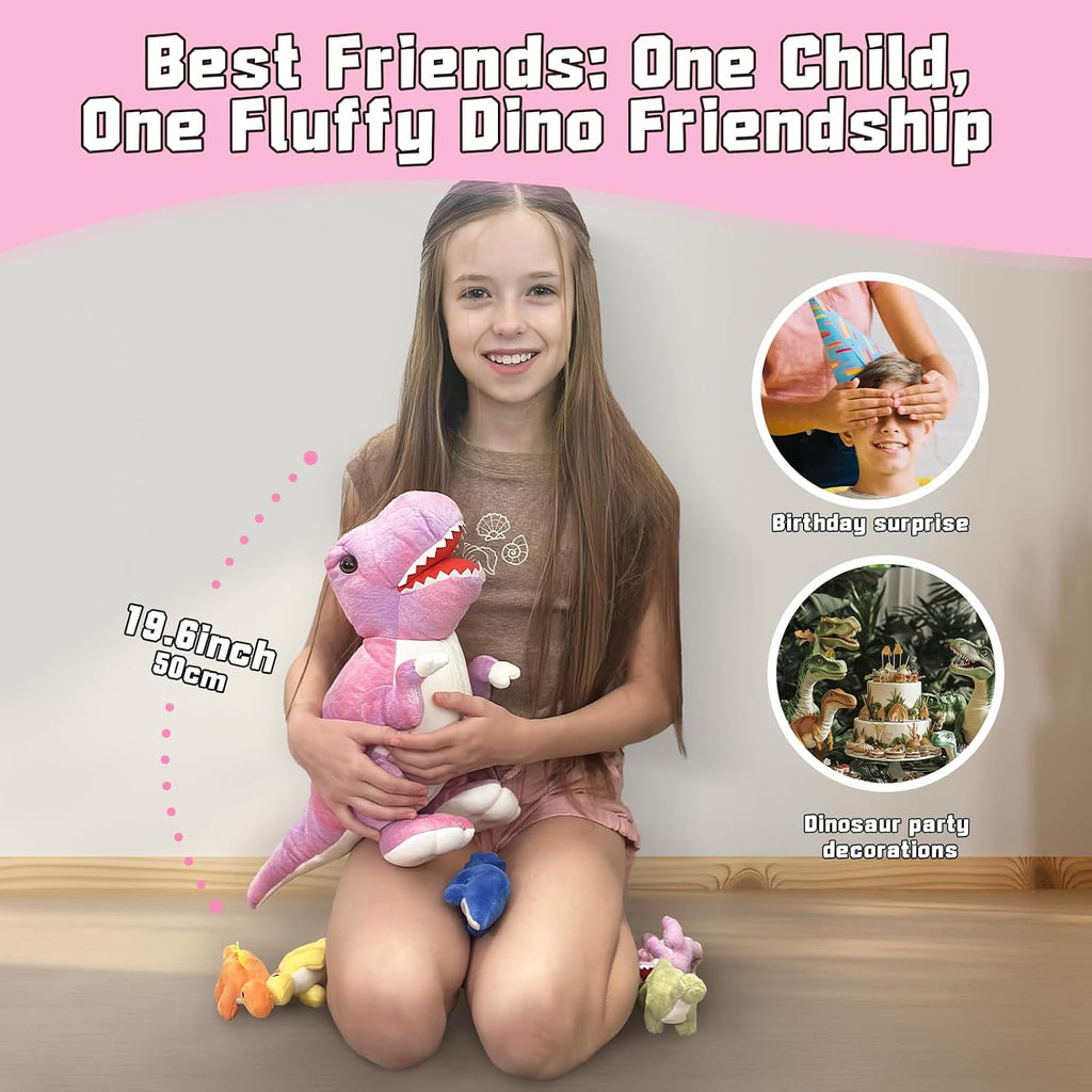 Muiteiur Animales de peluche de dinosaurio rosa, dinosaurio suave de 19.6 pulgadas con 5 lindos bebés T-Rex con cremallera en la barriga, set de regalo de dinosaurio para niños niña y niño
