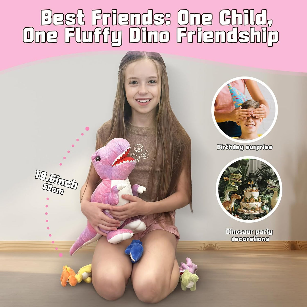 Muiteiur Animales de peluche de dinosaurio rosa, dinosaurio suave de 19.6 pulgadas con 5 lindos bebés T-Rex con cremallera en la barriga, set de regalo de dinosaurio para niños niña y niño