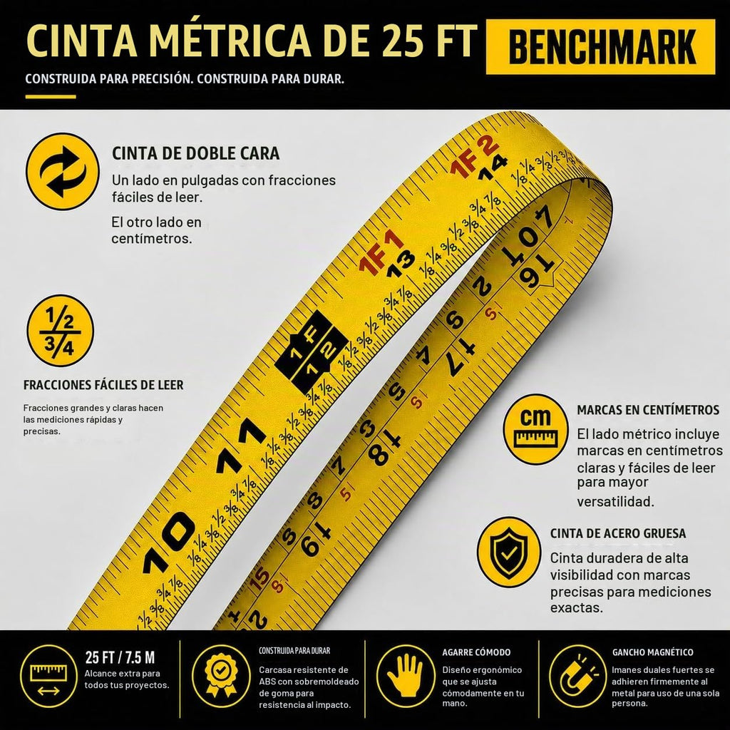 Paquete de 3 – Cinta mide 25 pies / 24.6 ft – Hoja de doble cara con fracciones de fácil lectura a 1/8 de pulgada más centímetros en la parte posterior – Punta magnética – Bloqueo de pulgar – Clip