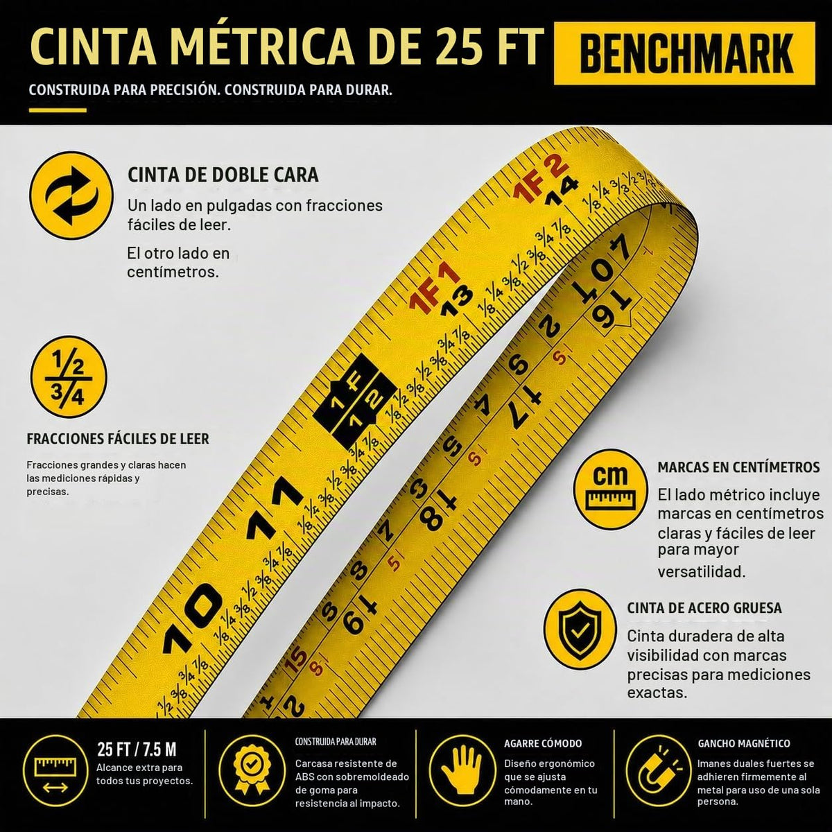 Paquete de 3 – Cinta mide 25 pies / 24.6 ft – Hoja de doble cara con fracciones de fácil lectura a 1/8 de pulgada más centímetros en la parte posterior – Punta magnética – Bloqueo de pulgar – Clip