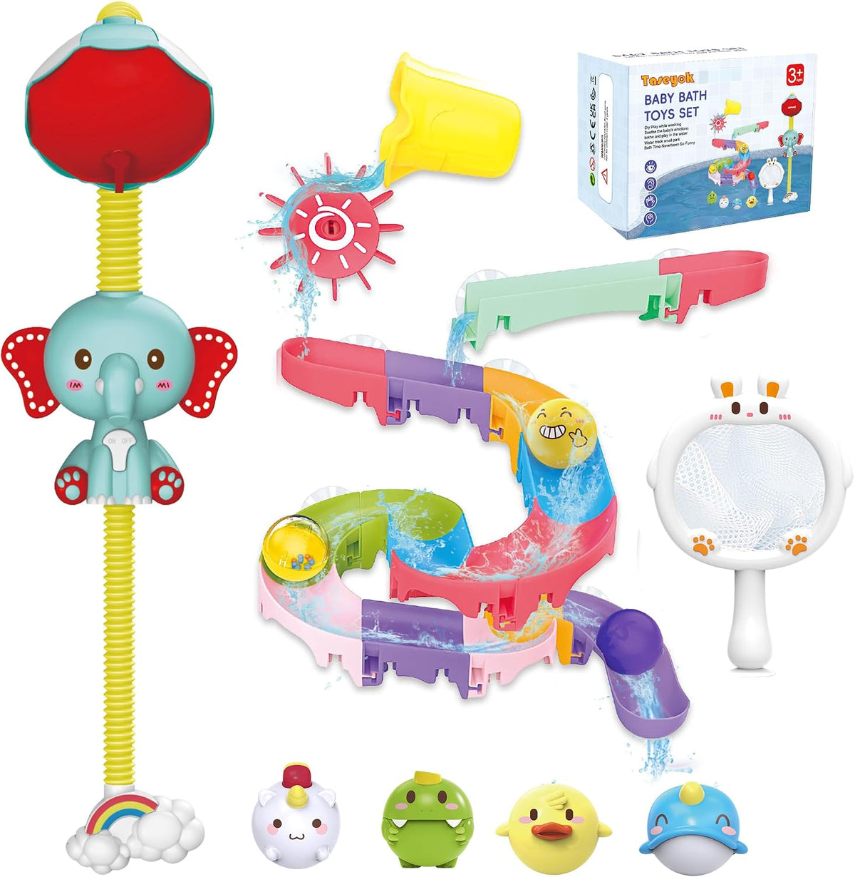 taseyok Juguetes de baño para niños pequeños, juguetes de bañera para bebés con rociadores de ducha de elefante y pista deslizante, juguetes de animales flotantes de pesca, juguetes creativos para
