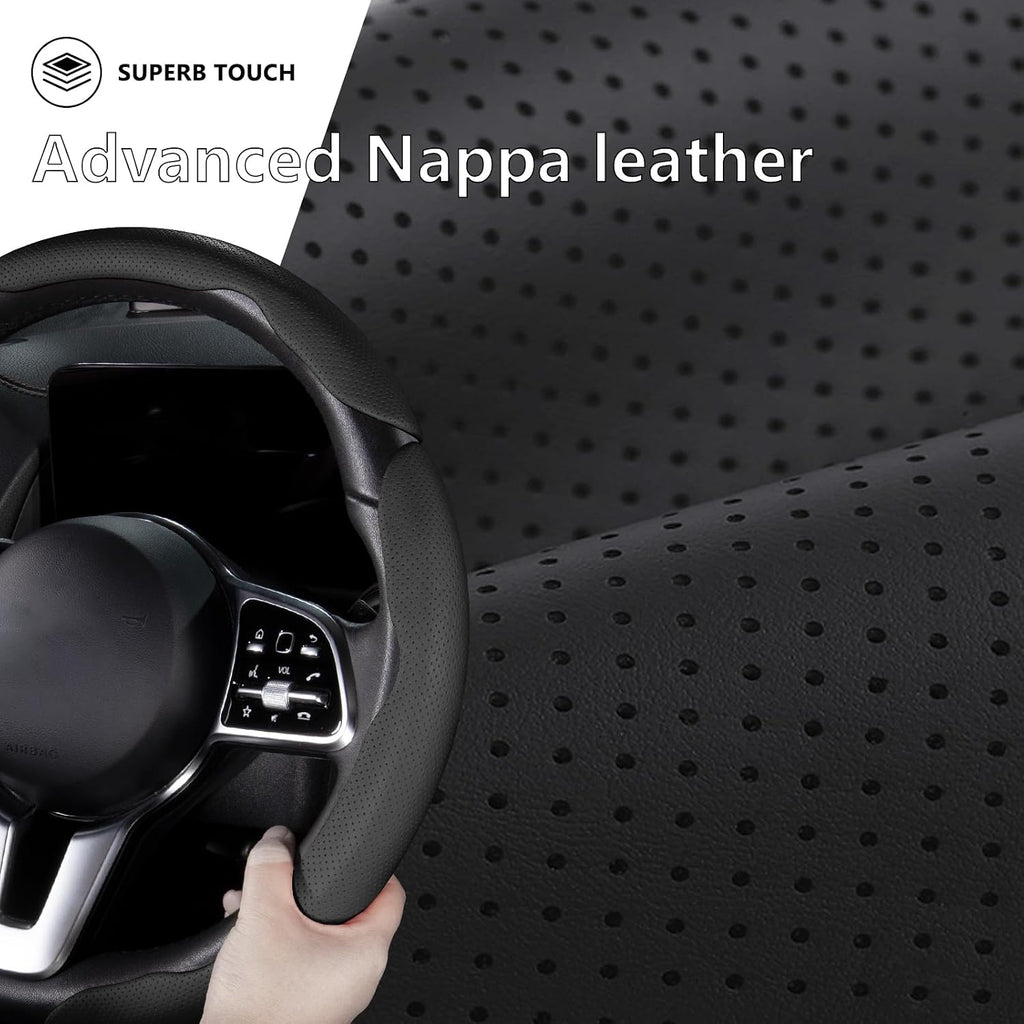 Cubierta de volante de coche de cuero con cierre de presión de 3 piezas, juego de protector antideslizante y envolvente, accesorios para volante universal de 37-38 cm, negro