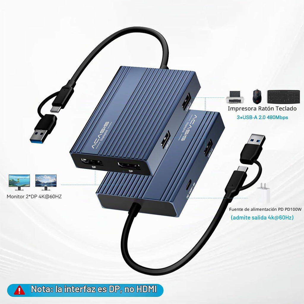 ACASIS Adaptador DisplayLink Dual DP para MacBook Air/Pro M1/M2/M3/M4