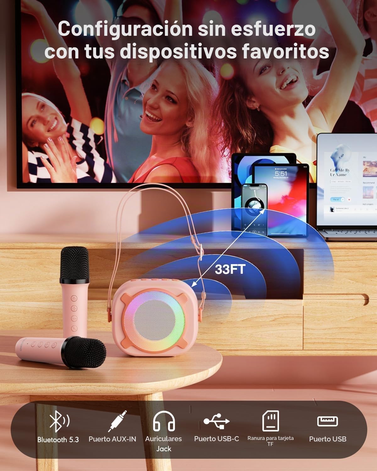 Mini máquina de karaoke con altavoz Bluetooth portátil con 2 micrófonos inalámbricos y luces LED de fiesta para niñas, niños, familia, compatible con tarjeta USB/AUX/TF para regalos de