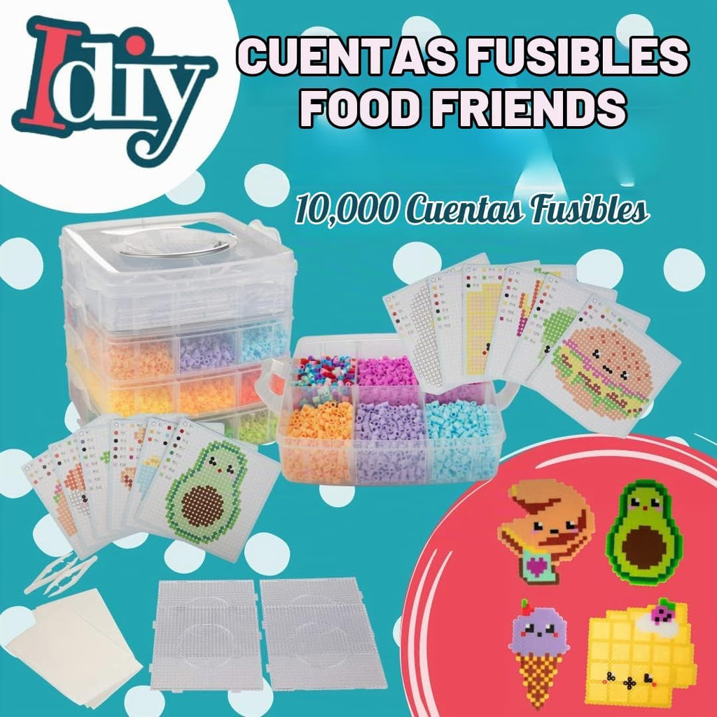 Fuse Beads - Kit de 10.000 cuentas, alimentos divertidos, incluye 22 colores, 4 tablas de clavijas, pinzas, papel de planchar y 12 plantillas de diseño, proyecto de manualidades de bricolaje para