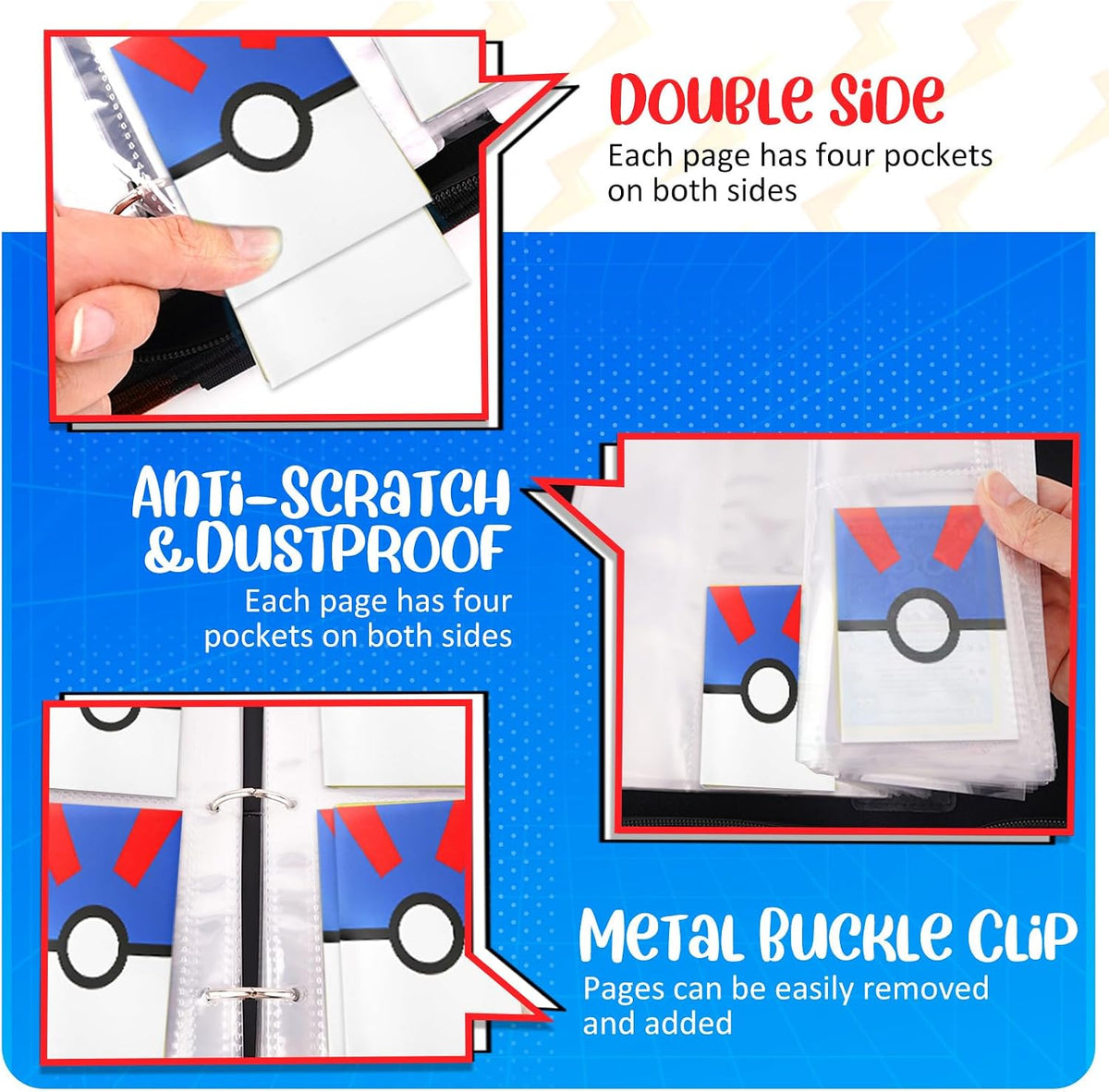 Carpeta para tarjetas de 4 bolsillos, porta tarjetas coleccionables que cabe 400 tarjetas con 50 fundas extraíbles, álbum portátil para colección de cartas, estuche para cartas de juego con cremallera