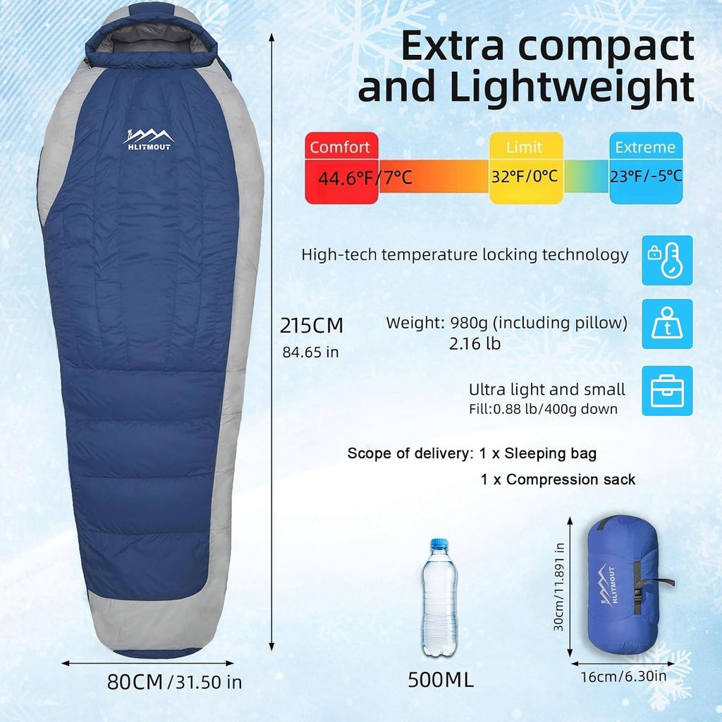 Saco de dormir de plumón con almohada para adultos y adolescentes