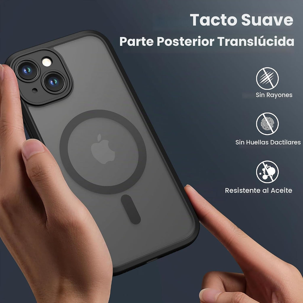 ImpactStrong Protector magnético diseñado para iPhone 15 [protección de cámara] [prueba de caídas de grado militar] [compatible con MagSafe] Funda delgada translúcida mate (6.1 pulgadas), color negro