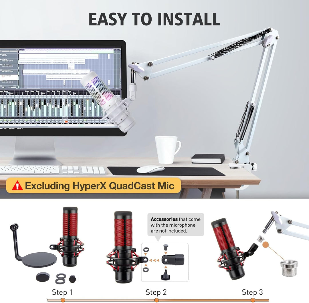 Para HyperX QuadCast S White Boom Arm - Brazo de micrófono blanco c...
