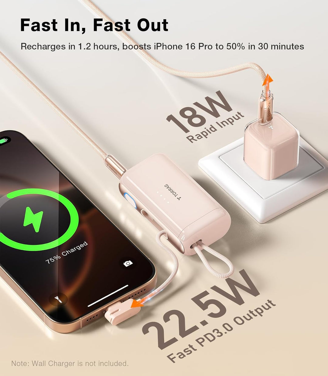 TORRAS Cargador portátil 2-en-1 para iPhone 16, banco de energía mi...