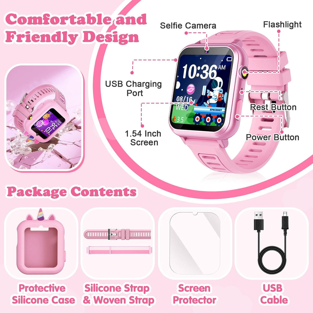 Smart Watch para Kids Girls Gift Age 3-12 con 39 Games Alarm Clock Camera