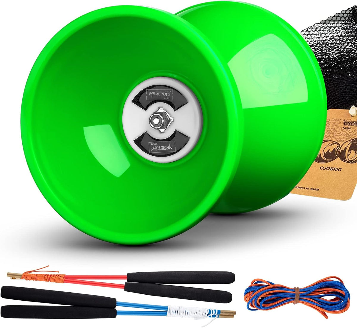 MAGICYOYO Pro Triple Rodamiento Verde Diabolo Tamaño Mediano 5"" Juguete de Yoyo Chino con 2 Pares de Palos de Carbono + 2 Cuerdas Extra + 1 Bolsa de Malla, Juguete de Habilidad de Yoyo Chino de Alto