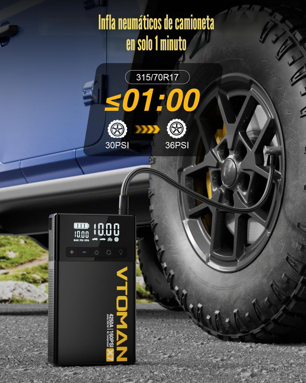 VTOMAN X7 Arrancador de Batería con Compresor de Aire, Inflador de Neumáticos 160PSI con Apagado Automático