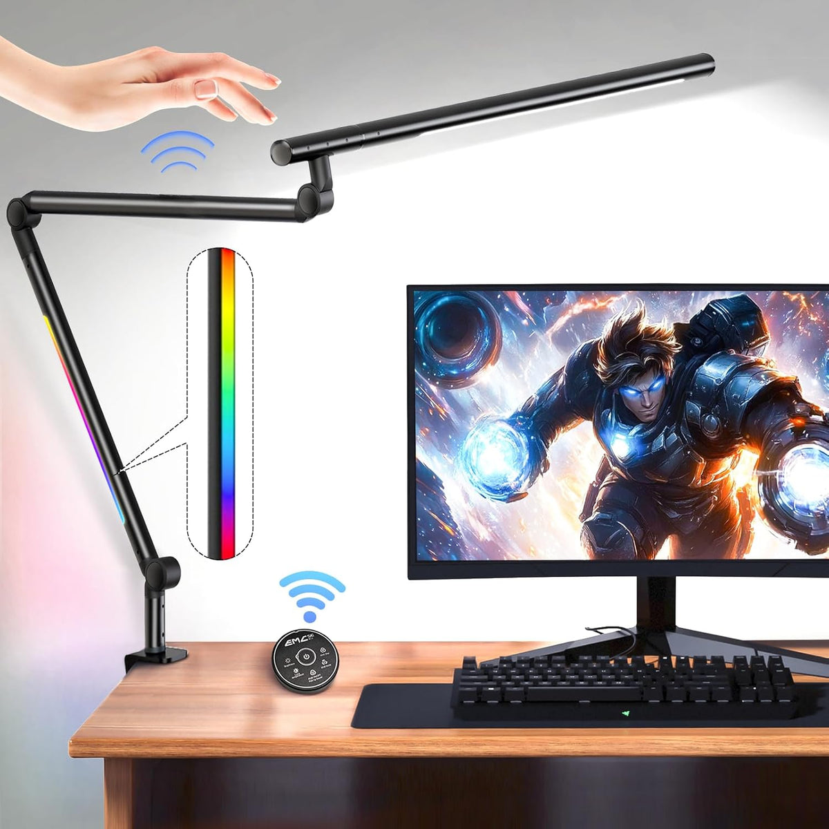 Lámpara Lámpara de escritorio LED con abrazadera, lámpara de escritorio de arquitecto de 18W con luz dual, brazo oscilante flexible de 3 secciones, con luz RGB, con control remoto, con interruptor sensor