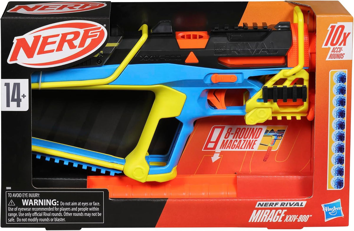 Nerf Rival Mirage XXIV-800 Blaster, 10 Nerf Rival Accu-Rounds, 2 formas de carga, cargador extraíble de 8 rondas, acción de bomba para activación, regalos para adolescentes