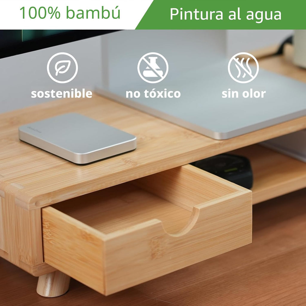 Soporte elevador de bambú para monitor con cajón