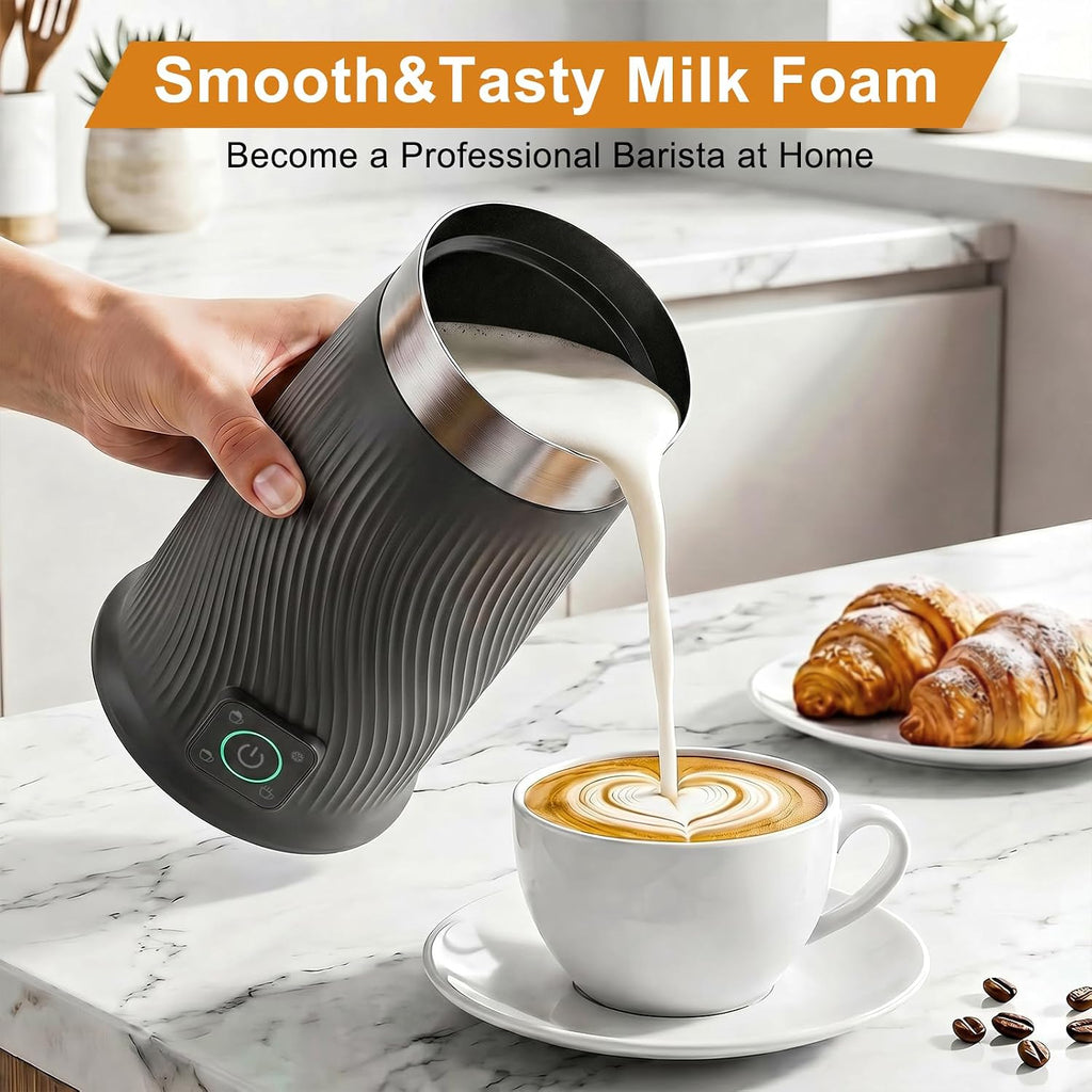 Wowteam Espumador de leche, vaporizador de leche eléctrico 4 en 1, calentador de leche caliente y fría y máquina de espuma para café, café con leche, capuchinos, macchiato, 8.2 oz/8.1 fl oz, acero