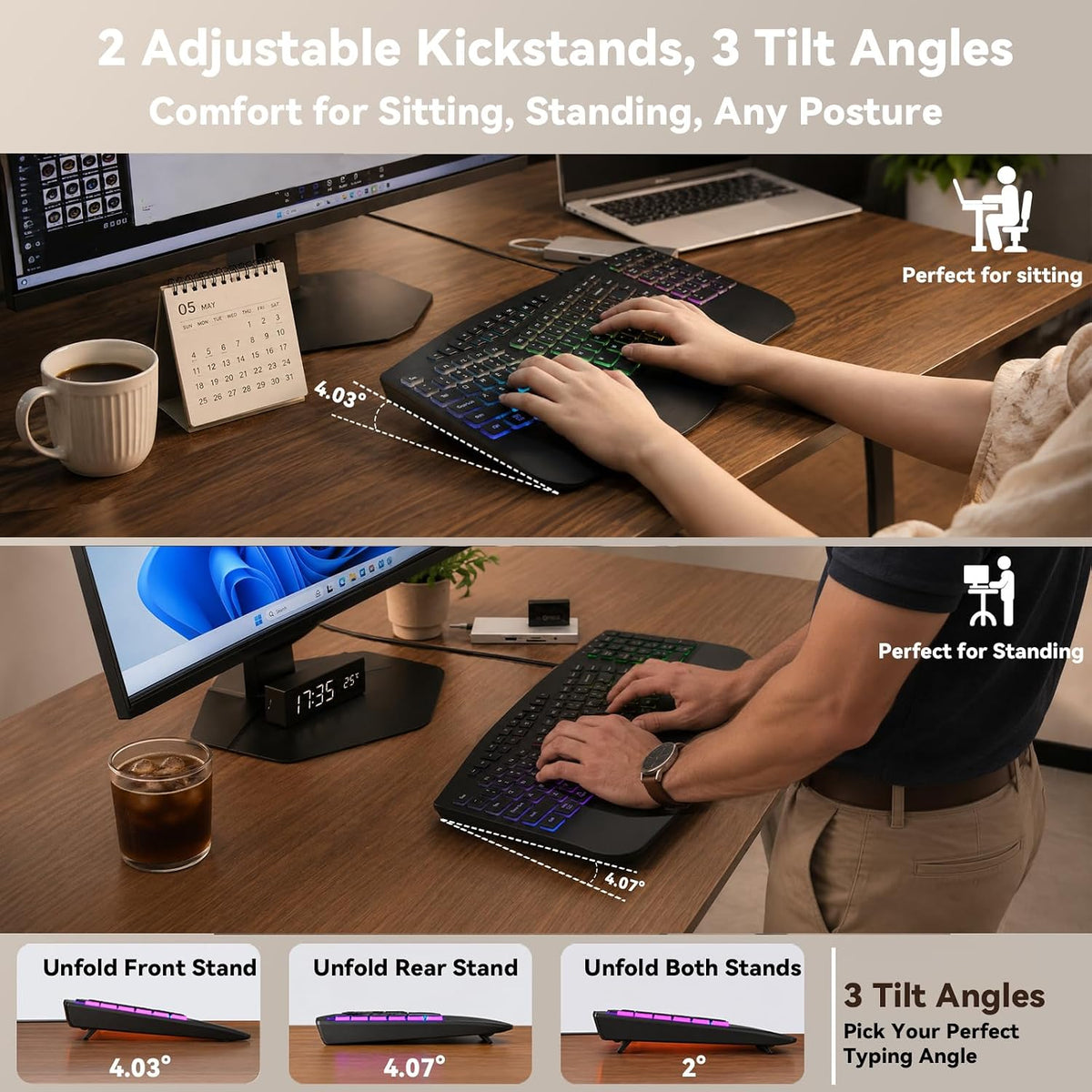 Teclado dividido ergonómico con cable con retroiluminación RGB y
