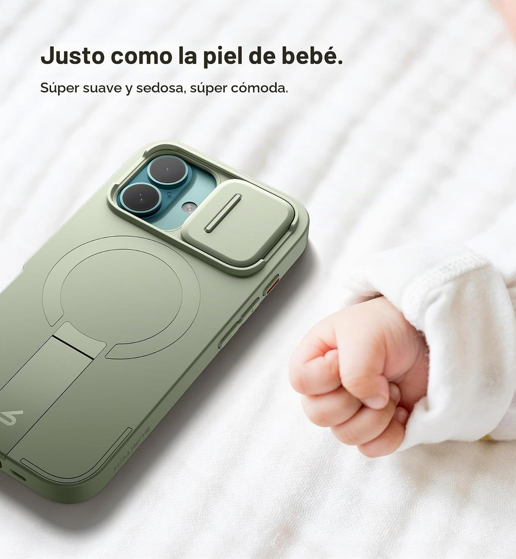 SURITCH Funda para iPhone 16 con cubierta magnética para cámara deslizante y soporte ajustable, compatible con MagSafe, funda protectora delgada a prueba de golpes de 6.1 pulgadas, verde