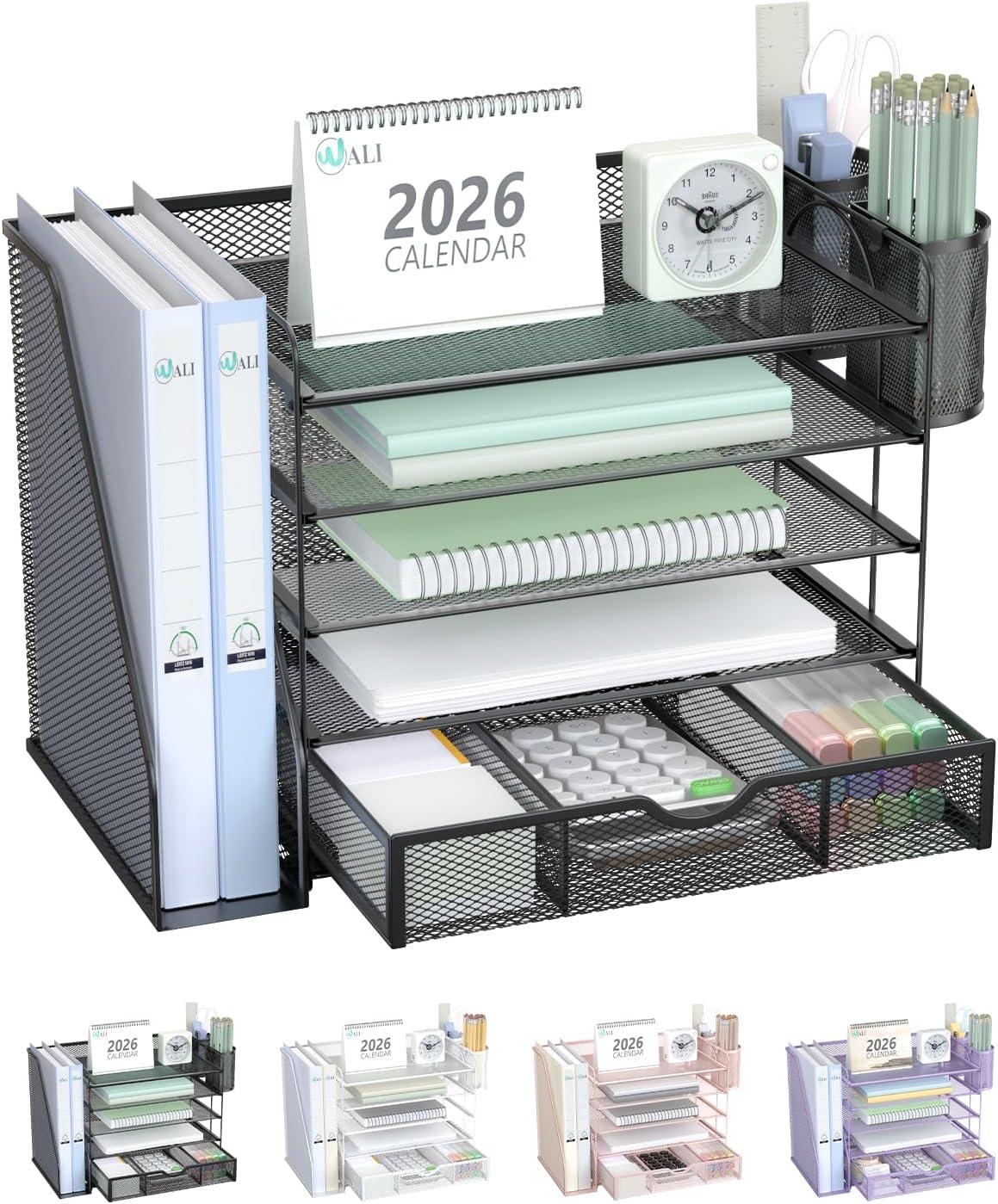 WALI Organizador de archivos de escritorio, organizador de 5 niveles con cajón y 2 soportes para bolígrafos, accesorios de escritorio de oficina y organizadores de espacio de trabajo para oficina