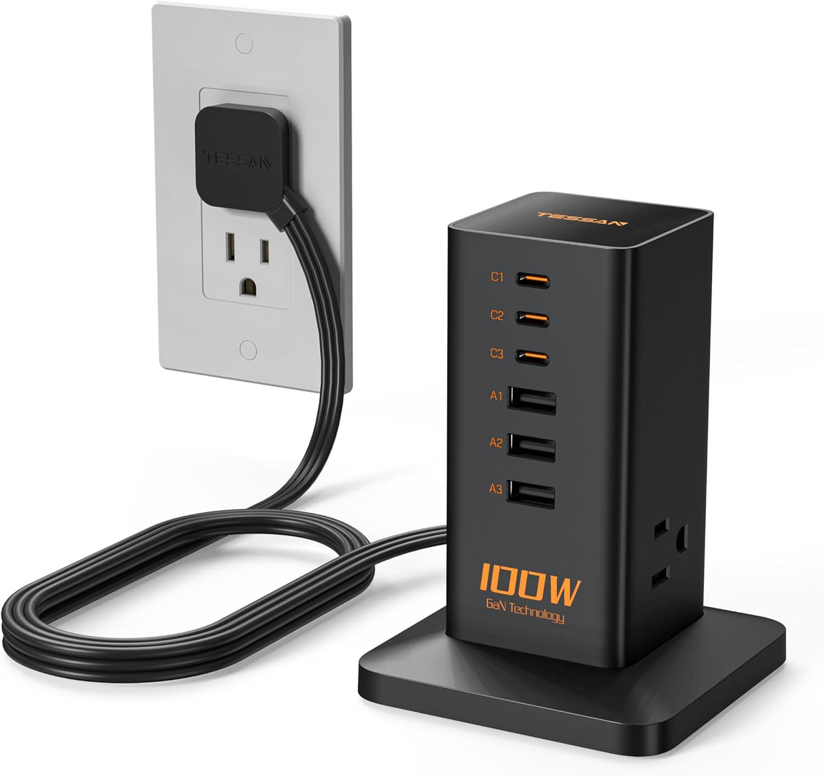 Estación de Carga PD 100W, TESSAN Multifuncional de 9 Entradas USB C para iPhone 17/16/15, MacBook, Tablet, Cargador Rápido de Escritorio para Teléfono con 3 AC, 3 Puertos USB-A, Accesorios para Hogar