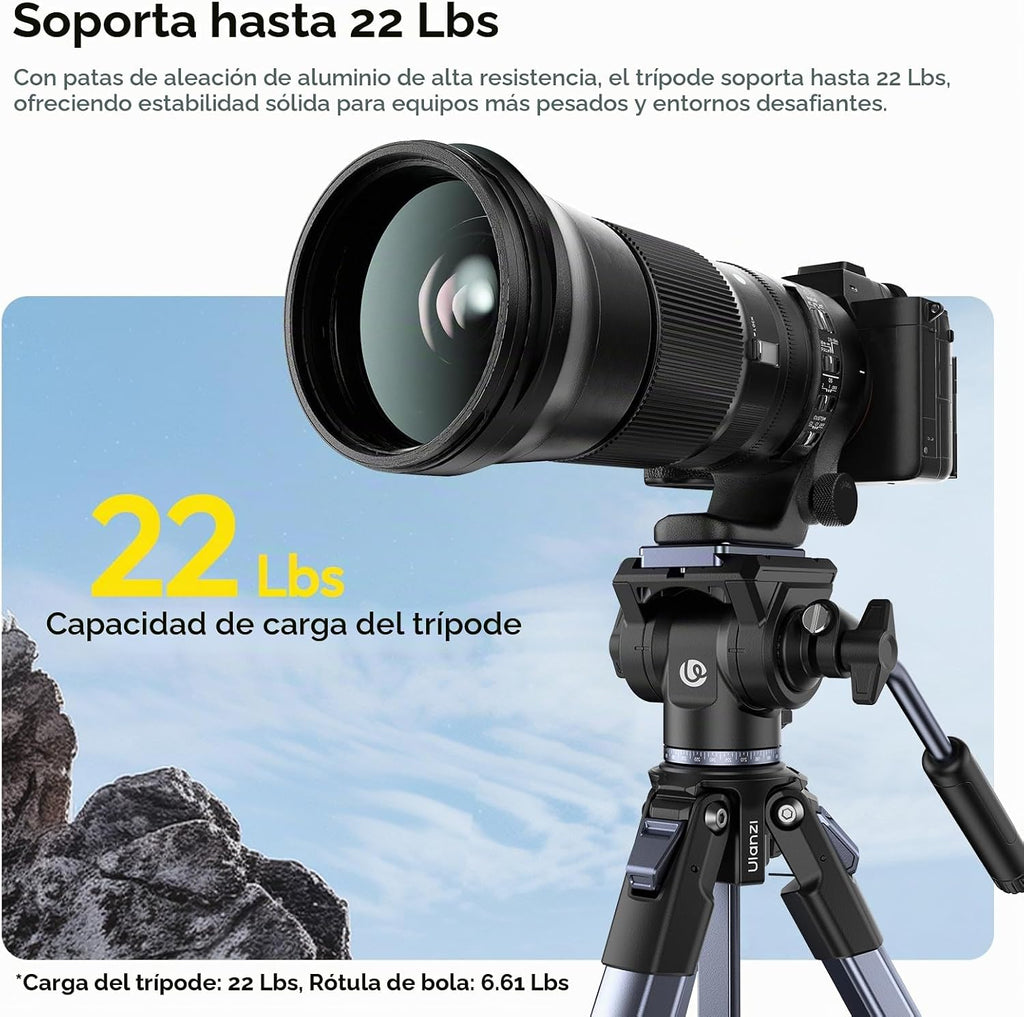 ULANZI Ombra Xiang Ⅱ - Trípode de video para cámara con cabezal fluido, trípode de viaje de 61.5 pulgadas con placa de liberación rápida de Arca giratoria de 360°, soporte portátil para cámara de teléfono, vlogging, grabación de video con bolsa de