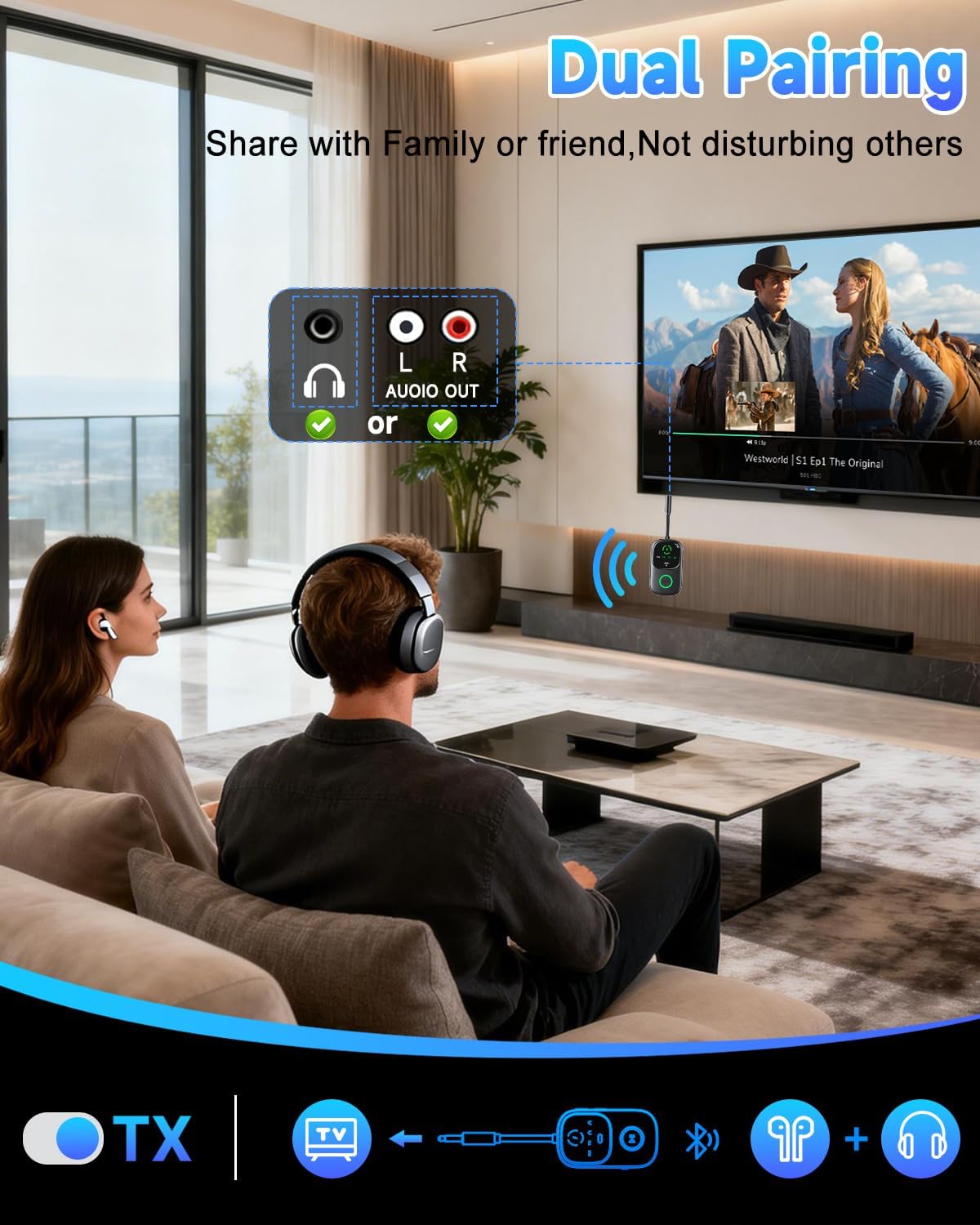 Pantalla LED 2 en 1 Bluetooth 6.0 Transmisor Receptor de 0.138 in Jack AUX RCA Adaptador de audio inalámbrico Dongle para Airpods auriculares, TV, avión, vuelo, altavoz de coche, estéreo en casa