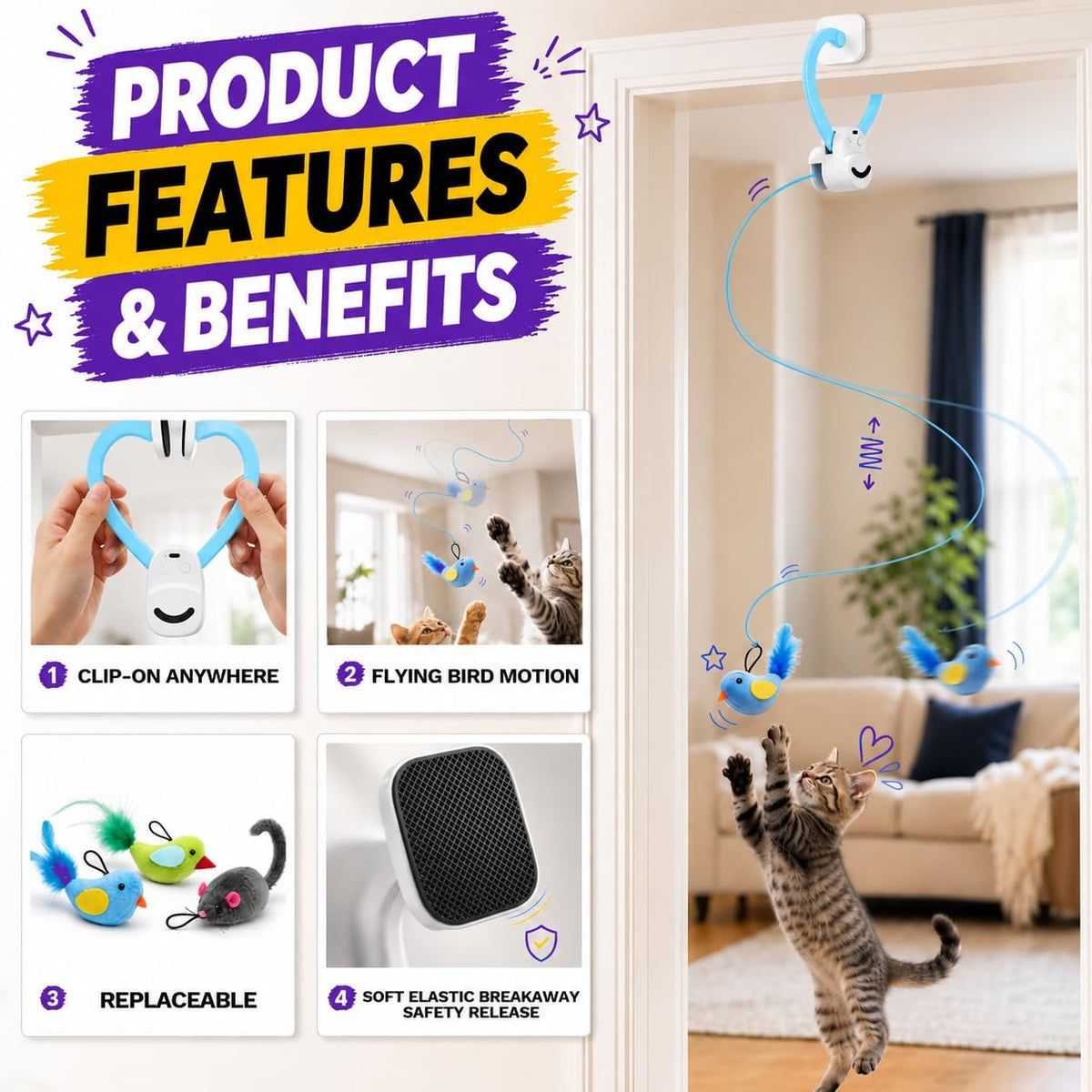 Juguetes interactivos para gatos de interior: varita de plumas de ave voladora automática, ejercicio de persecución, enriquecimiento, estimulación, colgante duradero seguro recargable por USB para