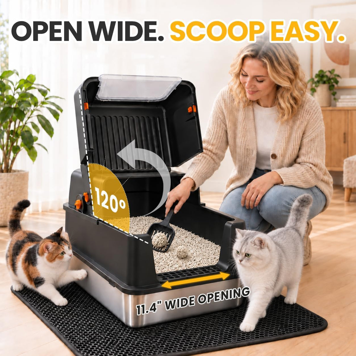 Caja de arena de acero inoxidable con tapa, caja de arena cerrada extragrande para gatos grandes, bandeja de arena de metal alto para gatos, entrada frontal y salida superior