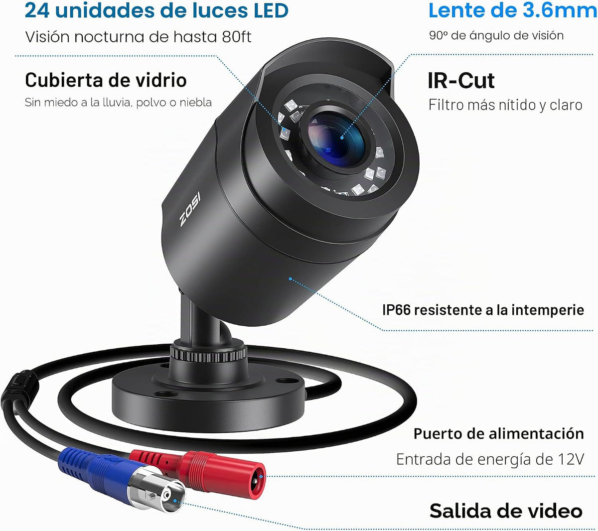 ZOSI Paquete de 4 cámaras de seguridad con cable 1080P HD TVI, cámara bala