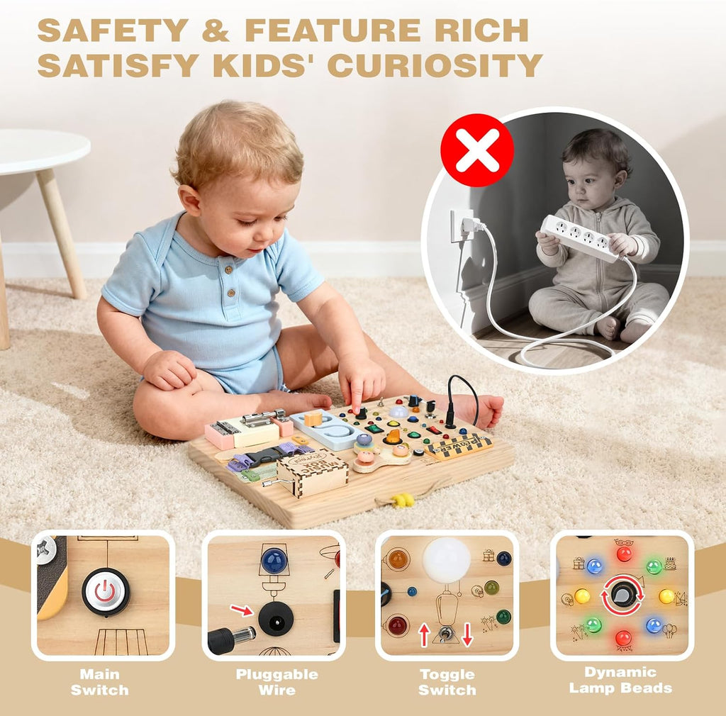Joyreal Tablero Montessori de madera para niños pequeños, tablero de actividades sensoriales con luces LED, caja de música y cerraduras, juguete educativo de aprendizaje para niños y niñas