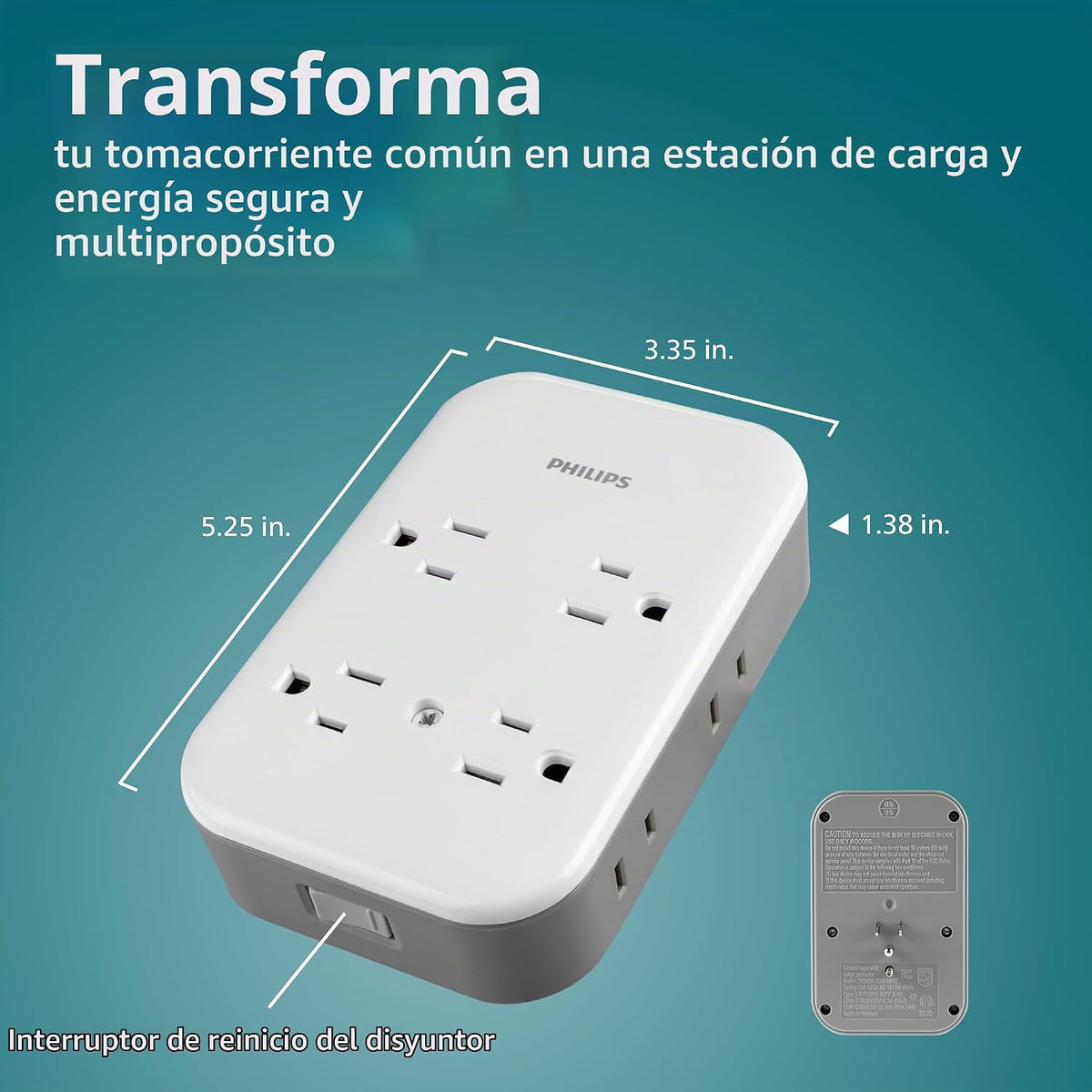 Philips Enchufe contra sobretensiones todo en uno con USB, 4 tomas con conexión a tierra y 4 tomas polarizadas, 2 puertos USB-C y 1 puerto USB-A, 15W compartidos, 1140 julios, certificado ETL, blanco